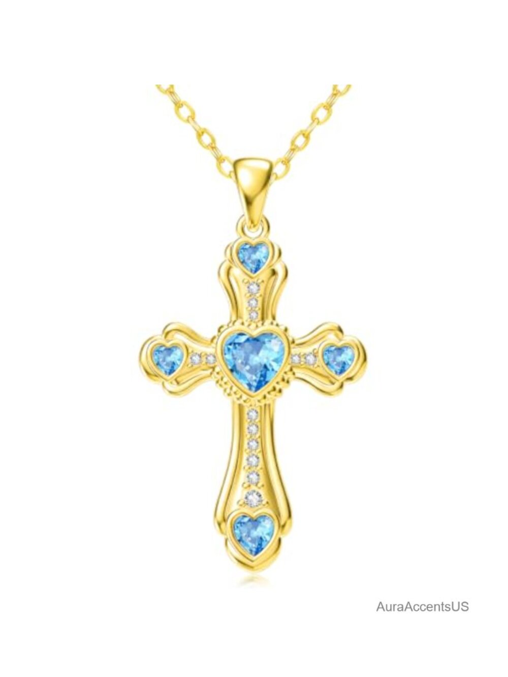 14K Gold Chunky Cross Heart Birthstone Pendant Necklace for Women